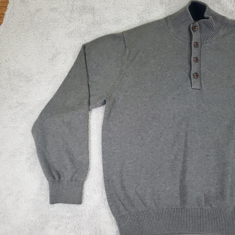 IZOD Mens XL Gray Quarter Button Mock Neck Sweater Navy Trim Preppy Grandpacore - Picture 6 of 14
